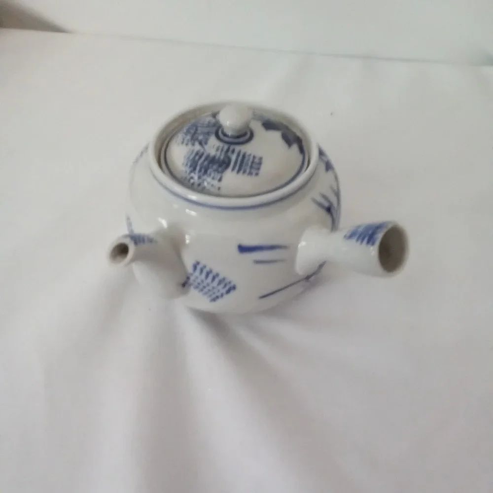 Japanese Kyusu Side Handle Teapot Blue White Floral Bamboo Ceramic Tea Pot 3.5in